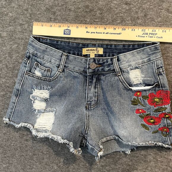 WAYAN | Raw Edge Denim Jean Shorts Floral Embroidery L/G Waist 27 Daisy Dukes - Picture 6 of 12